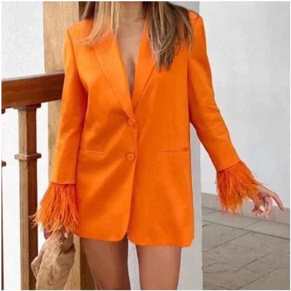 Zara Orange Feather Cuff Blazer